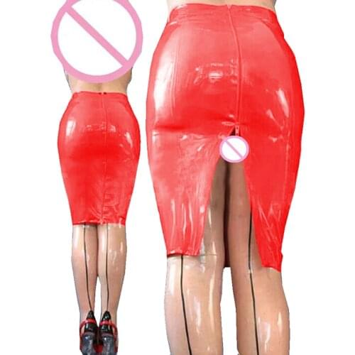 Women Wrap Skirts Summer Knee Length Bodycon Skirt Zipper Back Split Skirts PVC Slim Skirt Shiny Solid Clubwear Plus Size 7XL