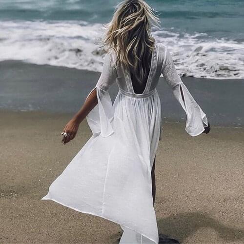2020 Sexy Women Cover Ups Swimwear White Beach Slit Dresses Cotton Beach Kimono Coverups for Women Swimsuit Cover Up Beach Woman
