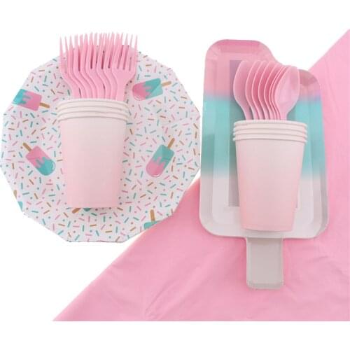 41Pc/Set Ice Cream Theme Party Tableware Baby Shower Birthday Decoration Party Plates Napkin Disposable Tableware Party Supplies