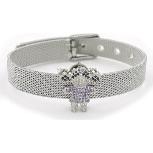 6-8 Inches Adjustable Stainless Steel Bracelets With Buckling Charm Micro Pave Clear&Black&Purple CZ Girl Accessories