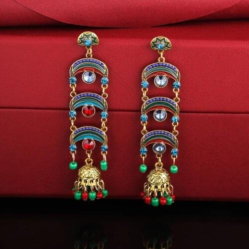 Afghan Gold Metal Rhinestone Acrylic Beads Statement Earrings for Women Bohemian Jhumka Long Tassel Earring Egypt Indian Jewelry