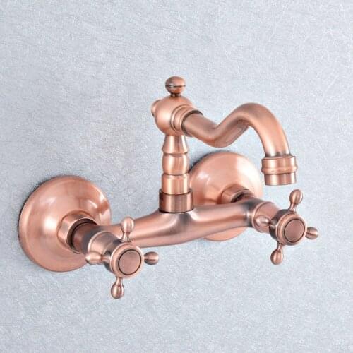 Antique Red Copper Bathroom Basin Sink Mix Tap Dual Handles Wall Mounted Kitchen Basin Sink Mixer Faucet Nsf867