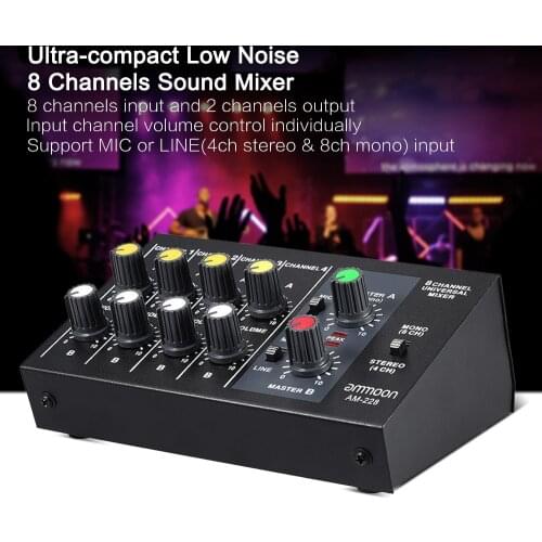 Audio Sound MixerLow Noise 8 Channels Metal Mono Stereo Ultra-compact Sound Mixer with Power Adapter Cable