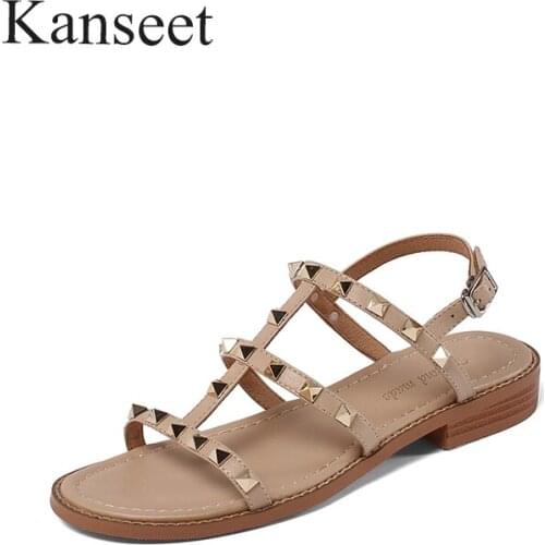 Kanseet Fashion Rivet Design Buckle Strap Women Sandals Genuine Leather 2021 New Summer Sandals Black Comfort Low Heels Shoes