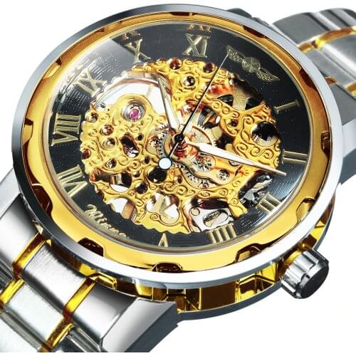 WINNER Gold Skeleton Watch for Men Mechanical Wristwatches Stainless Steel Strap Mens Watches Top Brand Clock 17 COLORs 2021