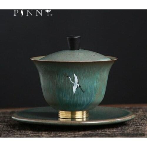 PINNY Kiln Changers Crane Ceramic Gaiwan Pigmented Retro Tea Bowl Kung Fu Tea Service Heat Resistant Drinkware
