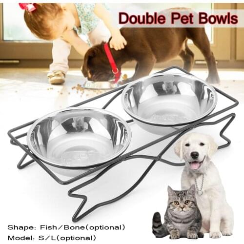 Stainless Steel Double Pet Bowls Dish Dog Cat Stand Feeder Food Water Bowl Feeding Dish