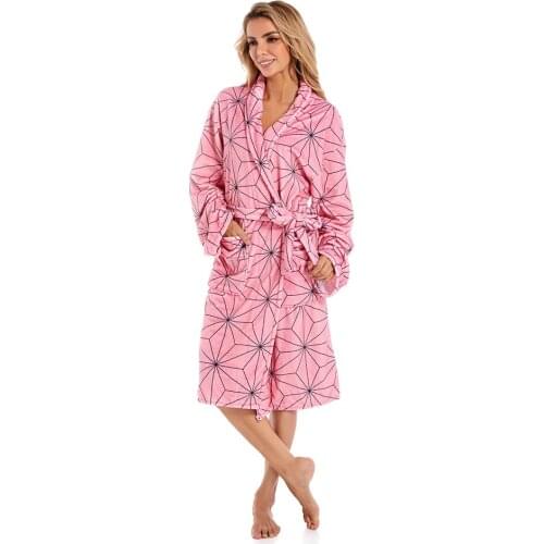 Anime Demon Slayer Kamado Nezuko Cosplay Bathrobe Adult Pink Coral Fleece Bath Robe Sleepwear Dressing Gown Cloak