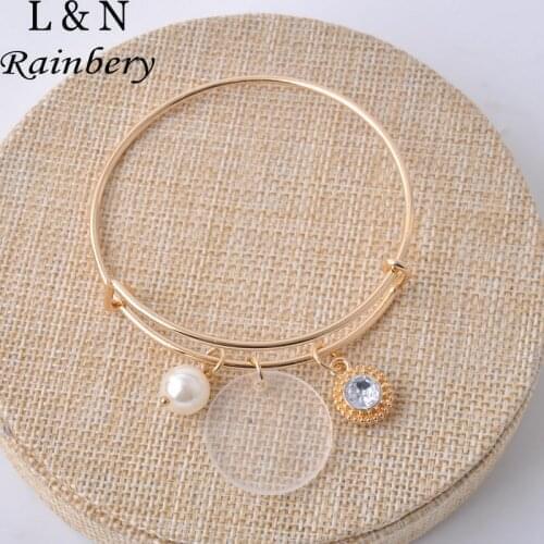 Rainbery 2021 New Expandable Clear Acrylic Disc Sparkly Gem Pearl Dangle Bracelet Monogram Bracelets&Bangles