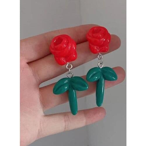 Origin Summer Sweet Cute Arcylic Red Flower Dangle Earring for Women Girls Green Leaf Contrast Color Earring Jewelry Pendientes