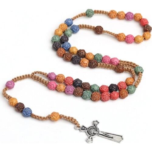 YiJia Colorful Rosary Beads Necklace For Women Men Rose Chaplet INRI Cross Pendant Catholic Prayer Jewelry