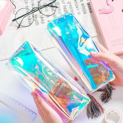 1pc Creative Laser Clear Pencil Case Pen Bag Cute Tassels Pencil Bag Transparent Pen Bag For Girls Gift Stationery