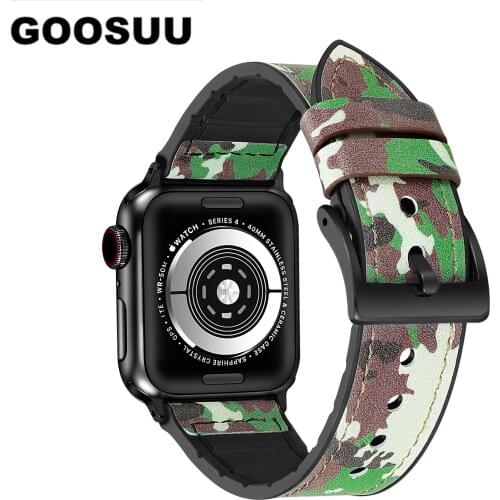 Camouflage Green Genuine Leather Casual Replacement Bands Men Women Rubber Hybrid Strap for Apple Watchbands 44mm 42mm 40mm 38mm