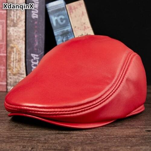 XdanqinX Genuine Leather Hat Autumn Womens Sheepskin Leather Berets Thermal Thick Mens Tongue Caps Elegant Fashion Trend Cap