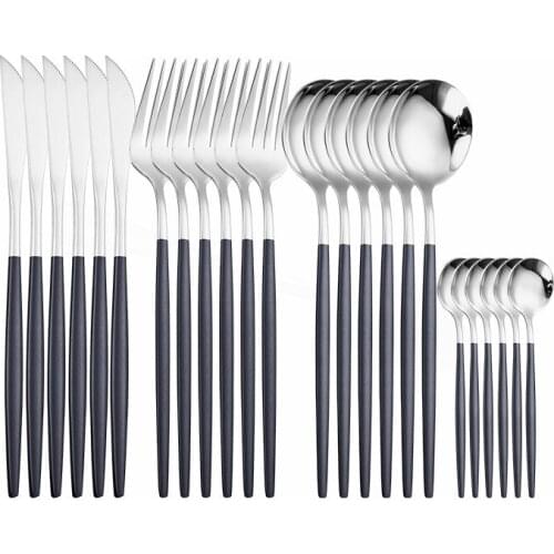 Fork Spoon Knive Tableware Stainless Steel Cutlery Set Silverware Set Black Silver 24Pcs Dinnerware Set Luxury Kitchen Flatware