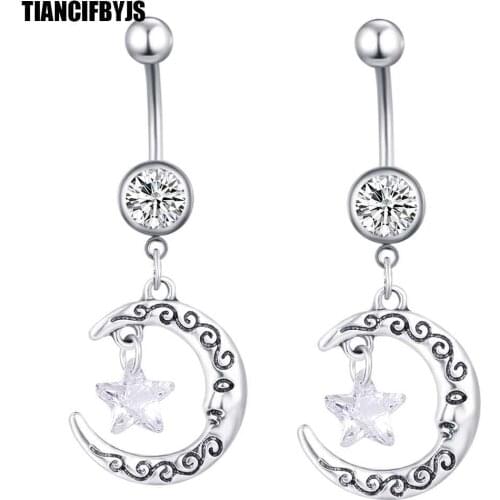 TIANCIFBYJS 14g Surgical Stainless Belly Button Ring Moon Star Dangle Navel Rings Steel Bar Barbell Piercing Body Jewelry 20pcs