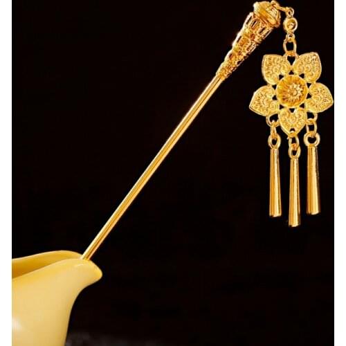 Vintage Womens Flower Hair Stick Boho Ethnic Gold Plate Flower Carved Tassel Hairpin Indian Jewelry Gifts