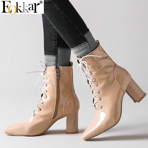 Eokkar 2020 Women Ankle Boots Patent Leather Square High Heel Lace Up Zipper Elegant Square Toe Winter Ladies Boot Size 34-43