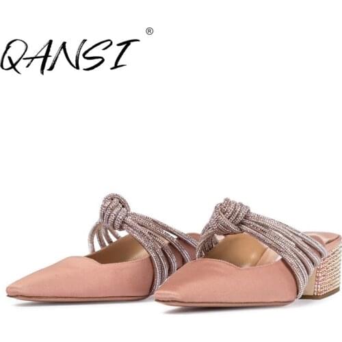 Handmade Autumn Point Toe Pink Chunky Heel Womens Mules Casual Cloth Slip on Low-heeled Mules Woman Rhinestone Bowknot Mules