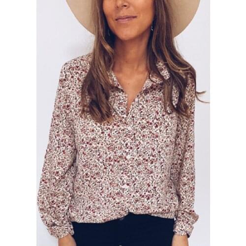 Retro Womens Casual Shirt Lapel Long Sleeve Top Button Flower Digital Print Womens Shirt Office Loose Womens Clothing