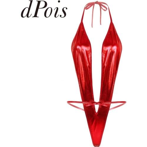 Women Shiny Metallic Patent Leather One-piece Sexy Lingerie Bodysuit Halter Neck Lace-up One Piece Micro Bikini Swimwear Summer