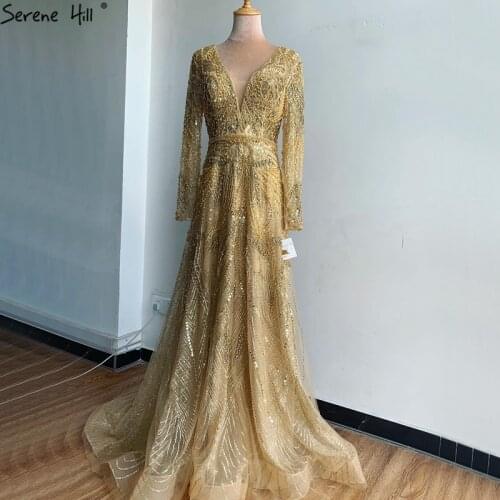 Serene Hill Gold A-Line V-Neck Luxury Sexy Evening Dress 2020 Pearls Crystal Long Sleeves Fromal Party Wear Gown CLA70562