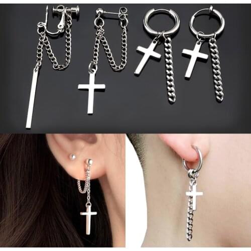 1PCS New personality fashion stainless steel earrings silver cross gothic mens punk style pendant unusual earrings