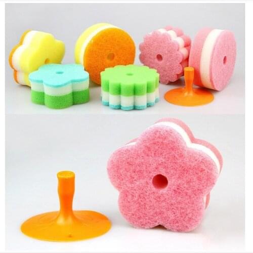 5Pcs Random Color Cleaning Sponge Double-sided Dish Sponge Pot Sponge with Suction Cup Cleaning Products Household Goods