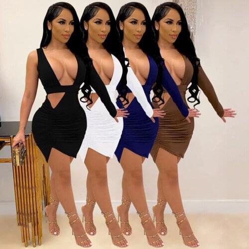 Adogirl Women Sexy Deep V Neck One Sleeved Pleated Mini Dress