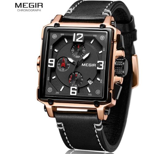 MEGIR Creative Square Men Watch Top Brand Luxury Chronograph Quartz Watches Clock Men Leather Sport Army Military Wristwatches