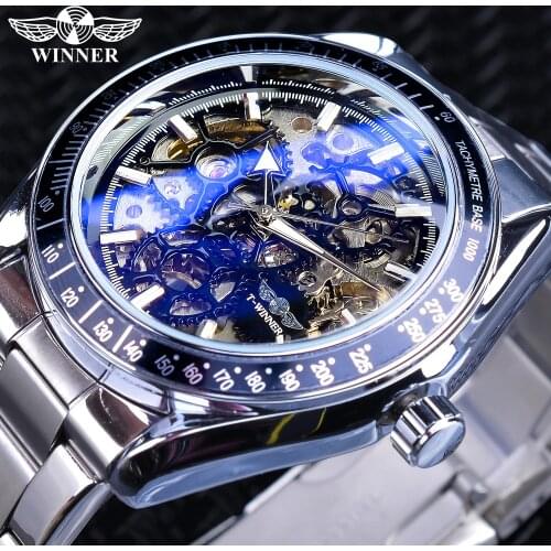 Winner Blue Glass Gear Movement Transparent Mens Automatic Wrist Watch Top Brand Luxury Male 3D Skeleton Mechanical Wrist Watch