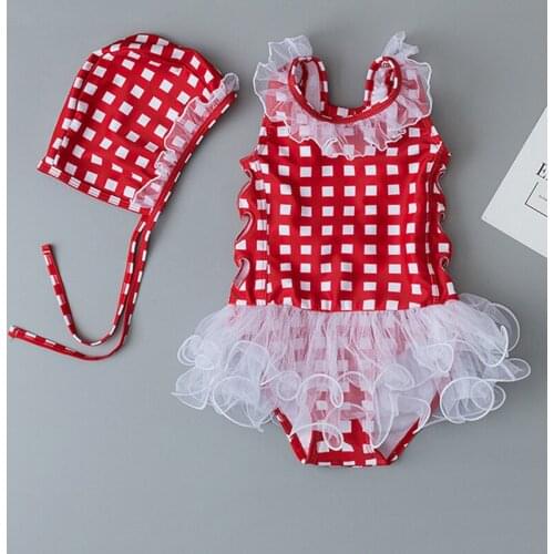 Toddlers Baby One Piece Swimsuit With Cap Girls Hot Springs Swimwear Children Beach Swimsuit Kids Lace Skirt Bathing Suits 1-6Y
