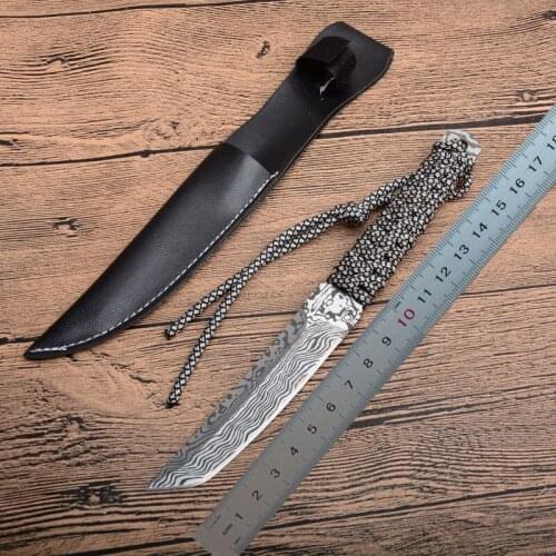 Freewolf Fixed Blade Knife 440C Tanto Blade Full Tang Paracord Handle Straight Knives With Leather Sheath