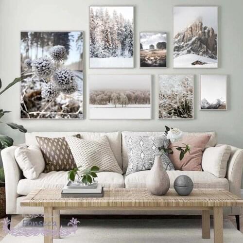 Winter Snow Forest Mountain Pine Plants Canvas Painting Nordic Landscape Posters and Prints Wall Art Pictures for Living Room