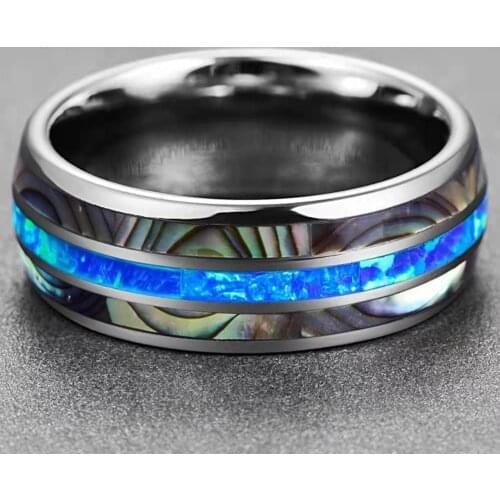 Trendy Inlaid Colorful Shells Stainless Steel Rings For Men Silver Color Creative Blue Opals Inlay Simple Mens Ring Jewelry