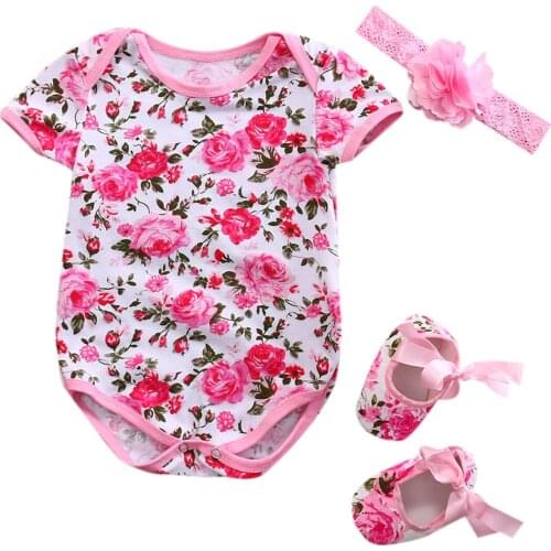 Citgeett Summer Newborn Baby Girl Bodysuit Short Sleeves Jumpsuit+Shoe+Hairband 3Pcs Outfits Set Clothes