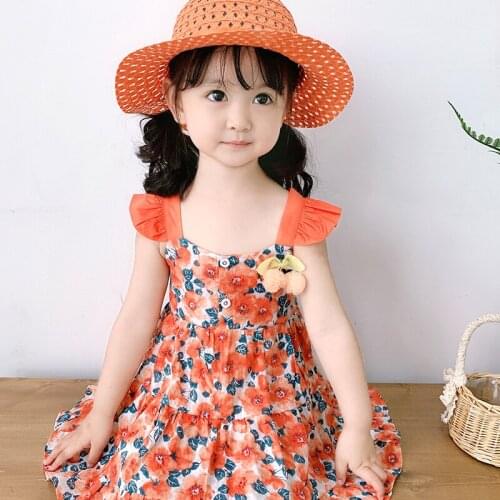 Short Cotton 8 To 9 Years Old Girls Floral Dress Sleeveless Off Shoulder Girls Dress Princess Fille Children Clothes BW50DR