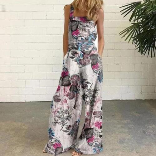 Summer Laides Sleeve Pocket Printed Jumpsuits Wide Leg Pants Overalls Patchwork Women Loose Casual Jumpsuits