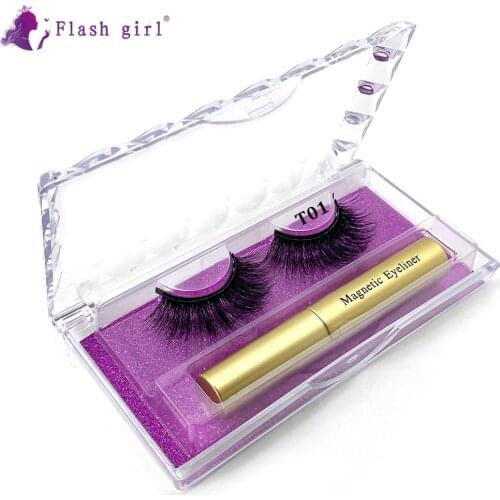 Flash girl T01 1pair 5D mink Magnetic Eyelashes Luxury crystal box Magnetic Liquid Eyeliner Magnetic False E