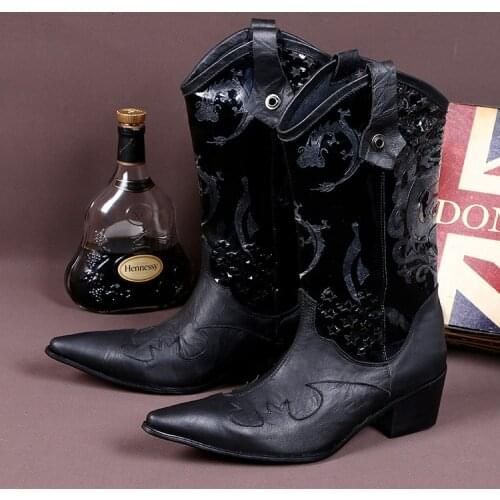 Mens winter footwear cowboy boots mens genuine leather pointy toe punk shoes thigh high long army boots embroidery chelsea