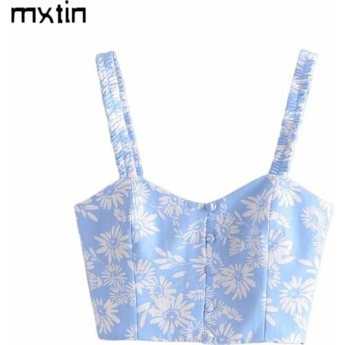MXTIN 2021 Women Summer Fashion Floral Print Button Cropped Tank Tops Vintage Sleeveless Back Elasticity Female Casual Tops