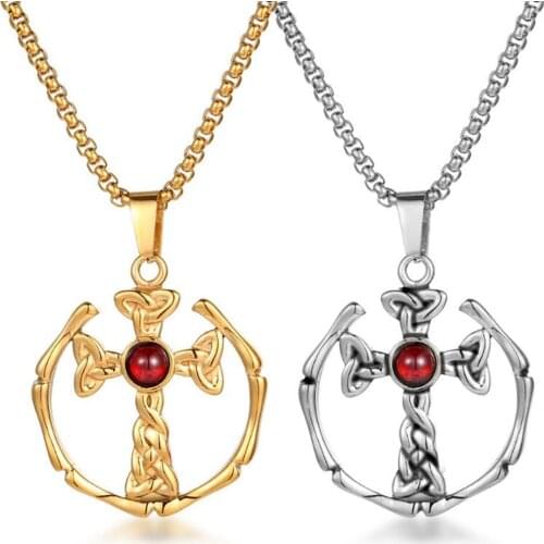 Stainless Steel Cross Red Zircon Stone Weave Round Pendant Necklace Religious Christ Cross Necklaces Gift For Him with Chain