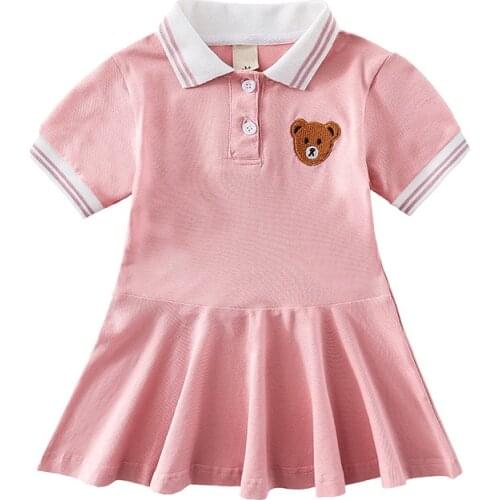 LISUNNY Summer Girls Dress Children Casual Dress College Style Short Sleeve Lapel Cartoon Bear Princess Dress Kids Clothes
