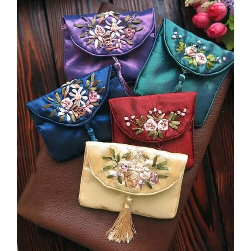 Porte Bijoux Joyero Organizador Random 5pcs/set Retro Embroidery Satin Tassel Zipper Jewelry Bag Classical Ancient Wind Purse