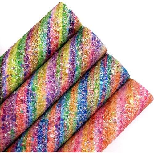 Rainbow Stripes Printed Chunky Glitter Vinyl Fabric Sheet Felt Backing Synthetic Leather Faux Vinil For DIY A4 SIZE 6S06A