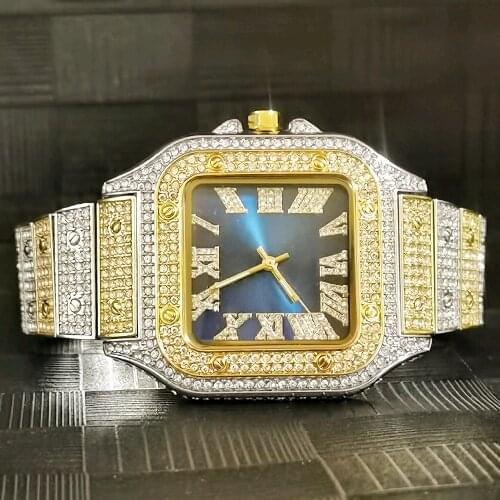 MISSFOX Luxury Square Men Watch Blue Dial Gold And Silver Watches Classic Quartz Man Relógio Masculino Blingbling Hiphop Diamond