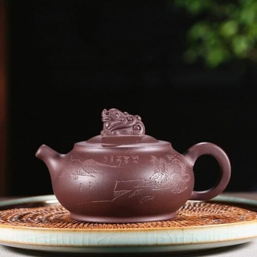 Handmade tea pot on sales Chinese kungfu carved animal statue 250ml real yixing zisha original ore purple grit pot of tea new