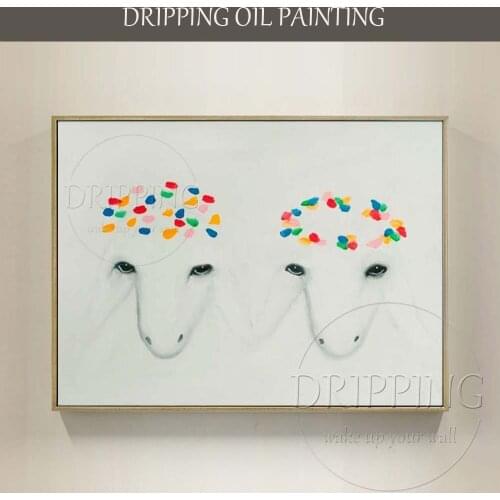 Artist Hand-painted High Quality Double Sheep Oil Painting on Canvas Beautiful Sheep Head with Flowers Oil Painting for Wall Art