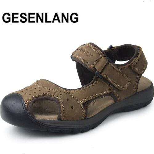 Mens Closed Toe Sandals Male Genuine Leather Casual Walking Shoes Anti-slip Outdoor Trail Hiking Fishing Beach Fisherman Shoes