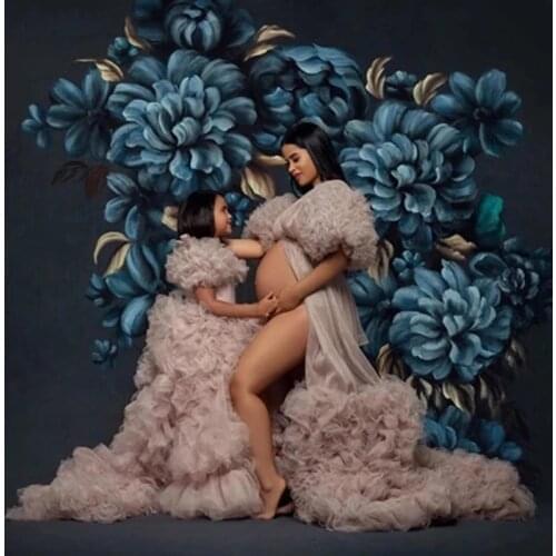 Modest Puffy Ruffle Tiered Tulle Long Maternity Dress Half Sleeve Photo Shoot Baby Show Mother and Daughter Mesh Maternity Robes
